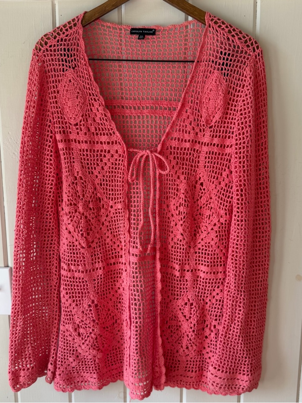 Vintage Carolyn Taylor Coral Pink Crochet Cover-Up Cardigan, Tie Front, Size M - Picture 2 of 9